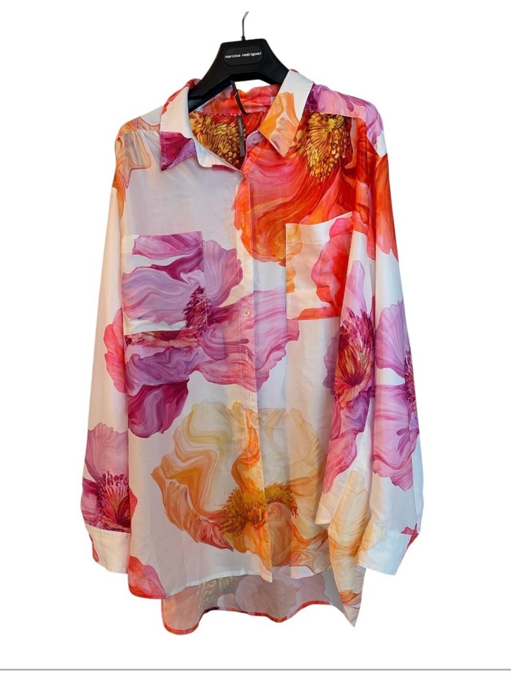 Anthropologie Floral Satin Button-Down Blouse - Pink & Orange size xl  NWT
